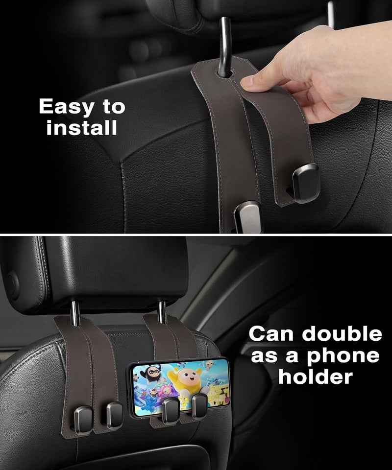 VETERBONE Car Hooks for Purses, 4PCS Car Purse Holder Hook Luxurious Leather 100% Metal Car Hooks for Headrest Multifunctional Car Hangers for Seat Car Seat Back Storage Hook Accessories (Brown) - Image 5